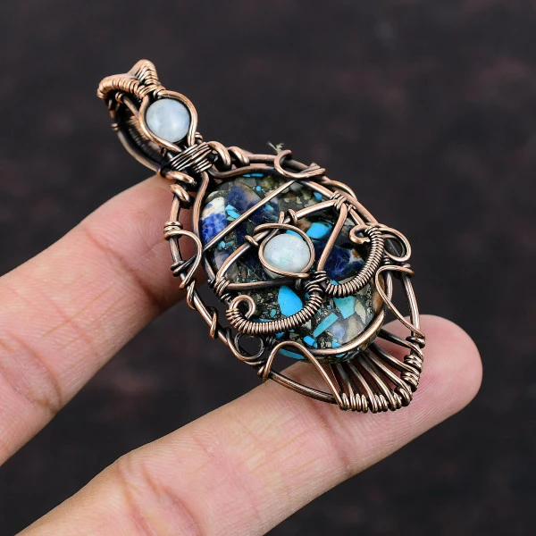 Copper Multi Turquoise Oval Blue Handmade Copper Wire Wrapped Pendant