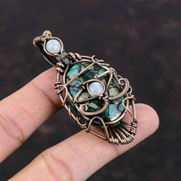 Copper Azurite Malachite Oval Green Handmade Copper Wire Wrapped Pendant