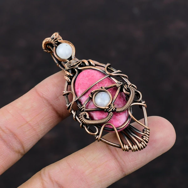 Thulite Oval Pink Handmade Copper Wire Wrapped Pendant