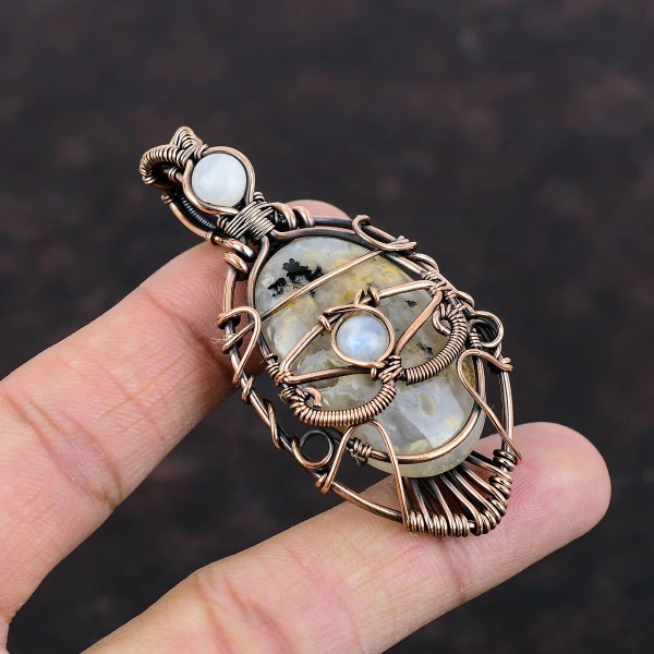 Plume Agate Oval Yellow Handmade Copper Wire Wrapped Pendant