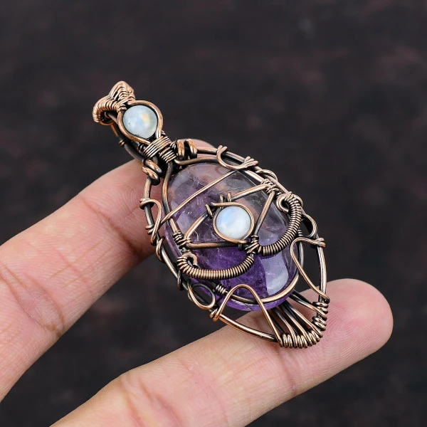 Star Amethyst Oval Purple Handmade Copper Wire Wrapped Pendant