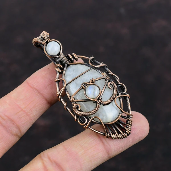 Rainbow Moonstone Oval White Handmade Copper Wire Wrapped Pendant