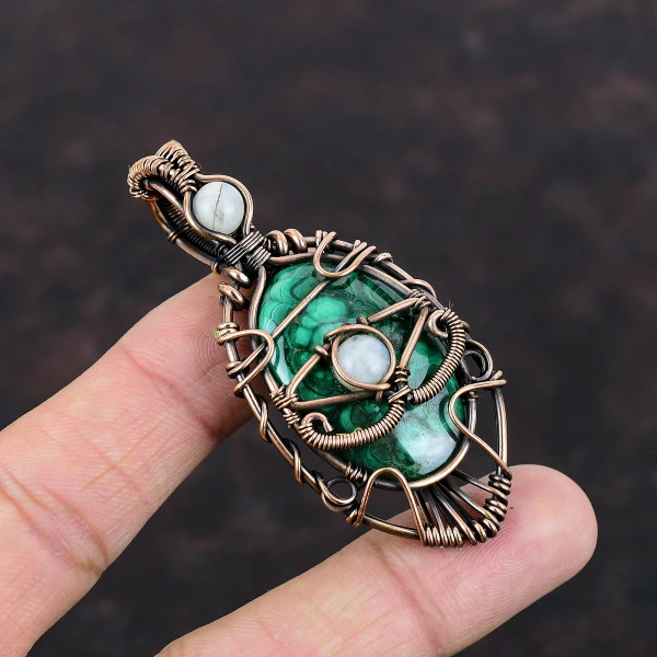 Malachite Oval Green Handmade Copper Wire Wrapped Pendant