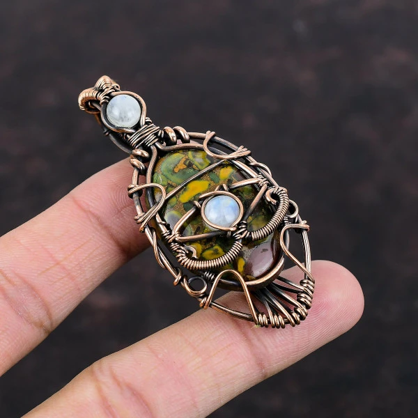 Fruit Jasper Oval Yellow Handmade Copper Wire Wrapped Pendant