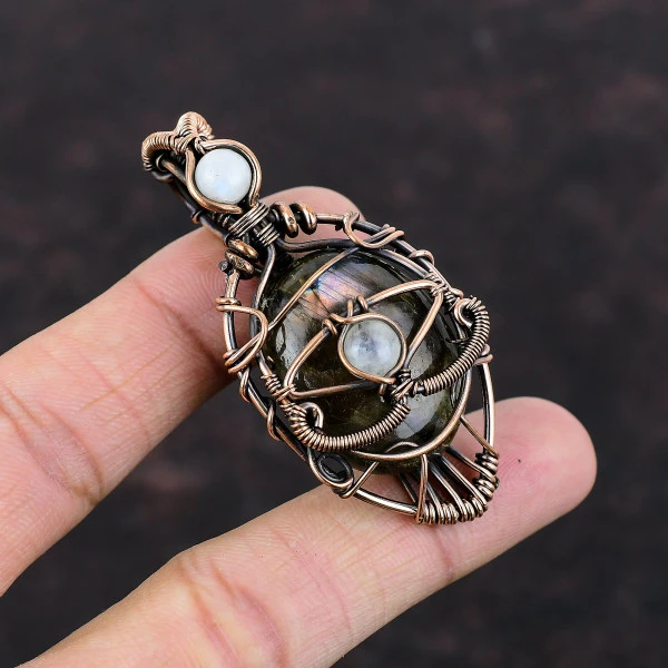Labradorite Oval Gray Handmade Copper Wire Wrapped Pendant