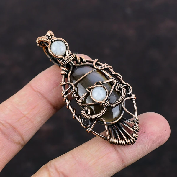 Montana Agate Oval Brown Handmade Copper Wire Wrapped Pendant