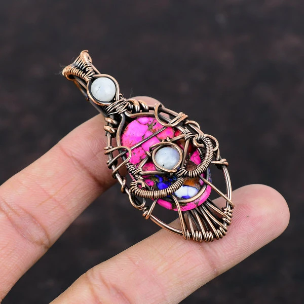 Natural Kingman Pink Dahlia Turquoise Oval Pink Handmade Copper Wire Wrapped Pendant