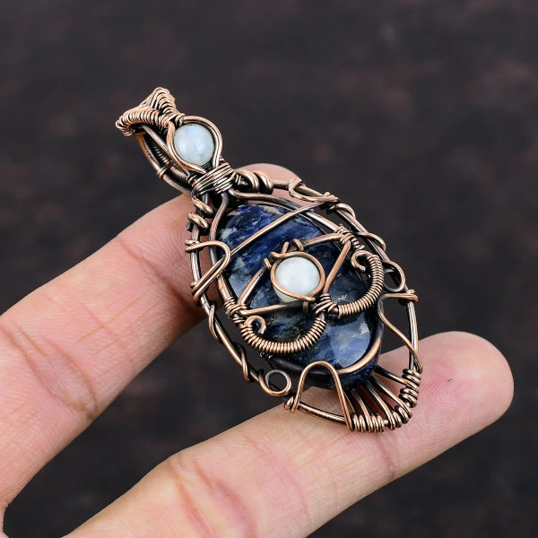 Handmade Copper Wire Wrapped Evil Eye Sodalite & Rainbow Moonstone Pendant – Dainty Gemstone Jewelry