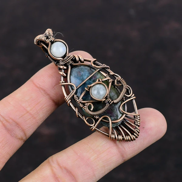 Ruby In Blue Kyanite Oval Blue Handmade Copper Wire Wrapped Pendant