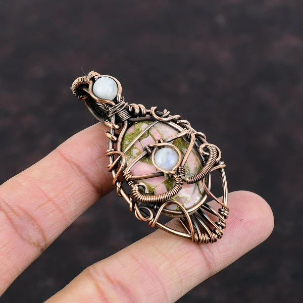 Copper Pink Opal Oval Pink Handmade Copper Wire Wrapped Pendant