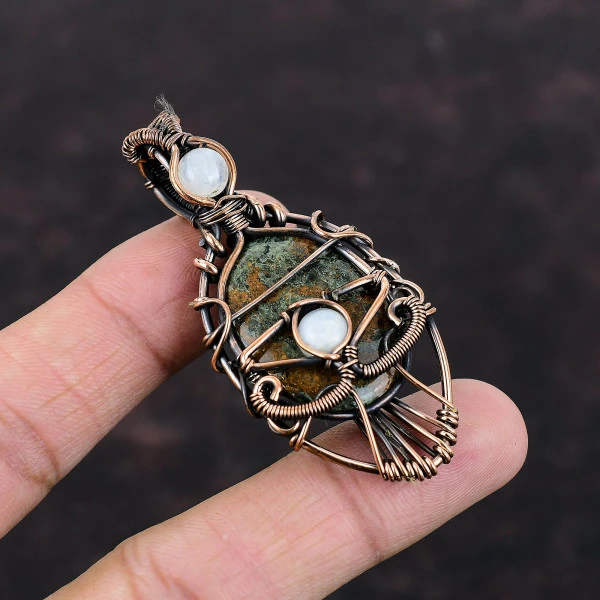 Spessartine Garnet in Limestone Oval Green Handmade Copper Wire Wrapped Pendant
