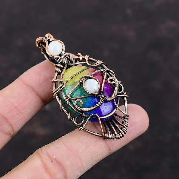 Rainbow Solar Quartz Druzy Oval Yellow Handmade Copper Wire Wrapped Pendant