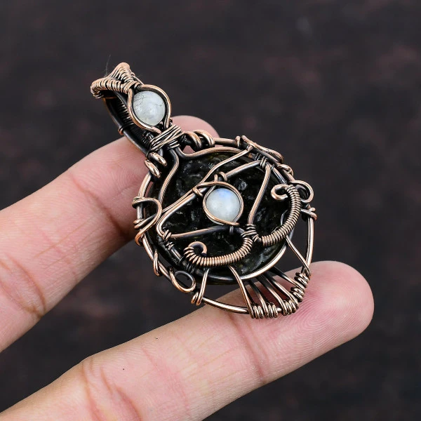 Moldavite Round Green Handmade Copper Wire Wrapped Pendant