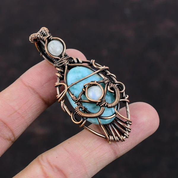 Larimar Oval Blue Handmade Copper Wire Wrapped Pendant