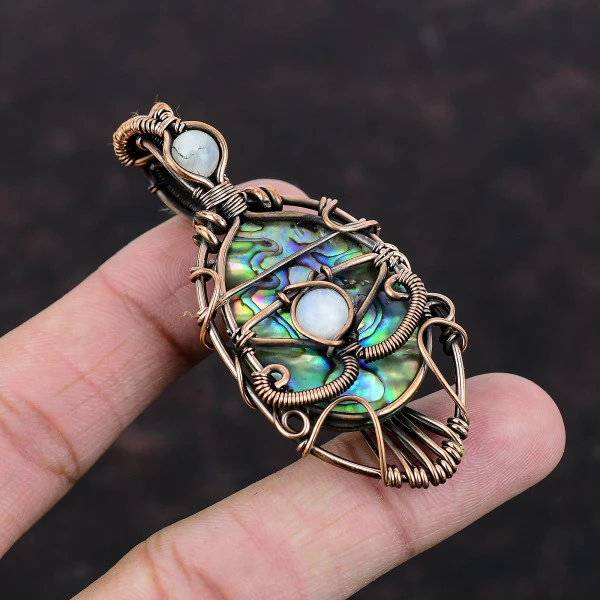 Abalone Shell Oval Blue Handmade Copper Wire Wrapped Pendant
