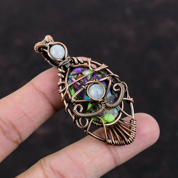 Fiesta Kingman Turquoise Oval Green Handmade Copper Wire Wrapped Pendant