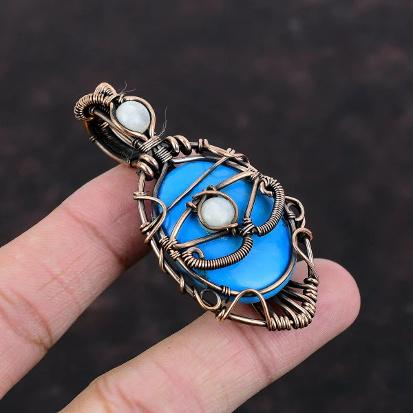 Sleeping Beauty Turquoise Oval Blue Handmade Copper Wire Wrapped Pendant