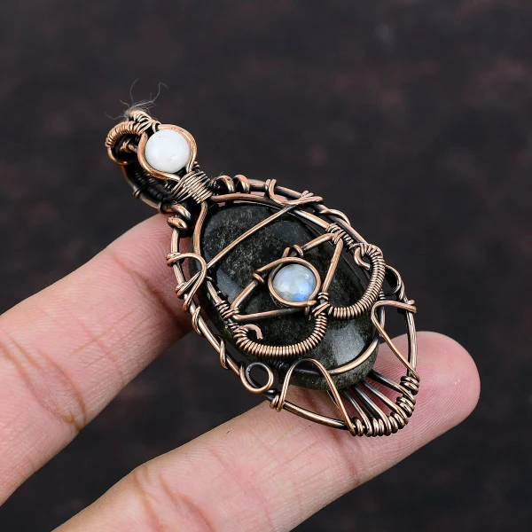 Silver Sheen Obsidian Oval Black Handmade Copper Wire Wrapped Pendant
