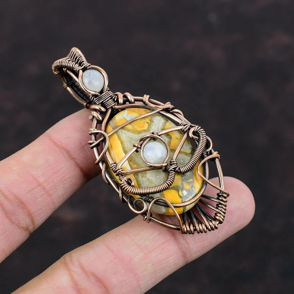 Maligano Jasper Oval Yellow Handmade Copper Wire Wrapped Pendant