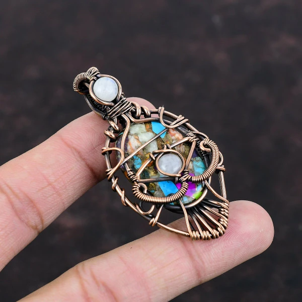 Multi Copper Turquoise Oval Blue Handmade Copper Wire Wrapped Pendant