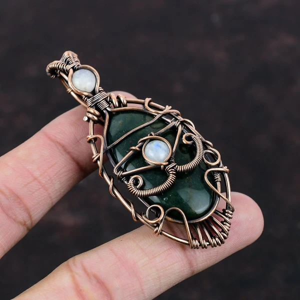 Bloodstone Oval Green Handmade Copper Wire Wrapped Pendant