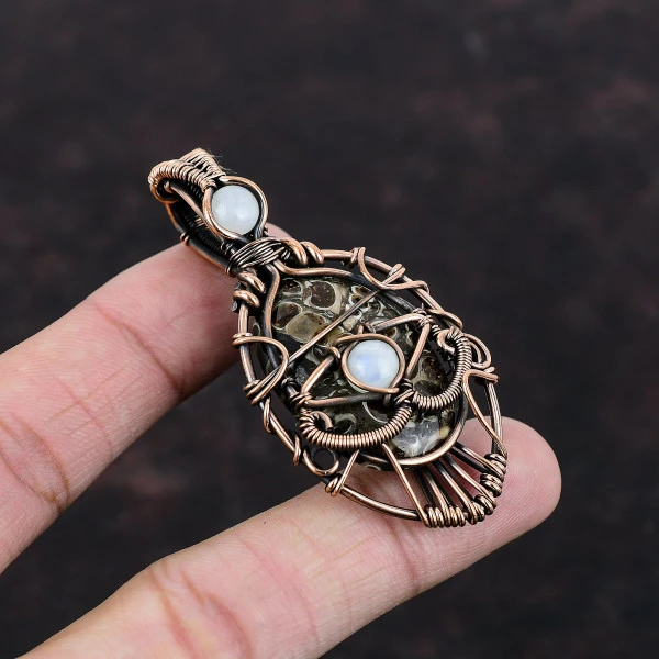 Turritella Agate Oval Brown Handmade Copper Wire Wrapped Pendant