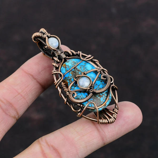 Tibetan Turquoise Oval Blue Handmade Copper Wire Wrapped Pendant
