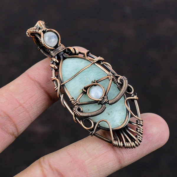 Amazonite Oval Green Handmade Copper Wire Wrapped Pendant
