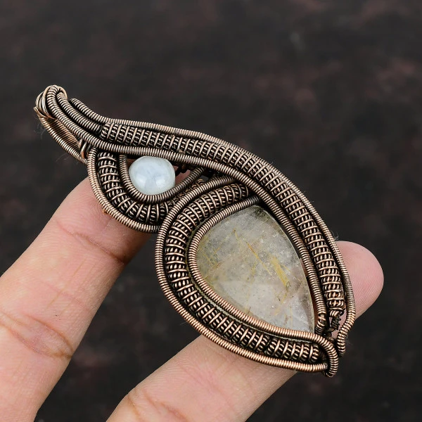 Golden Rutile Pear Yellow Handmade Copper Wire Wrapped Pendant