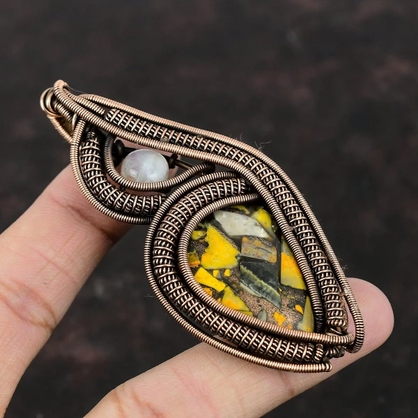 Copper Bumble Bee Jasper Pear Yellow Handmade Copper Wire Wrapped Pendant