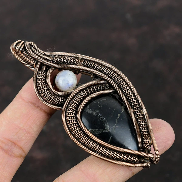 Shungite Pear Black Handmade Copper Wire Wrapped Pendant