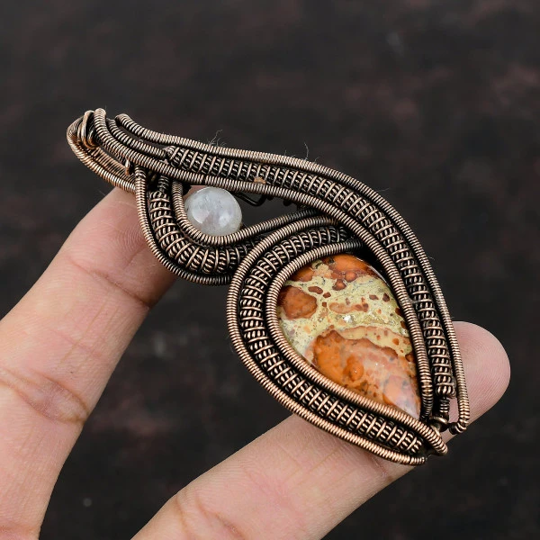 Asteroid Jasper Pear Red Handmade Copper Wire Wrapped Pendant