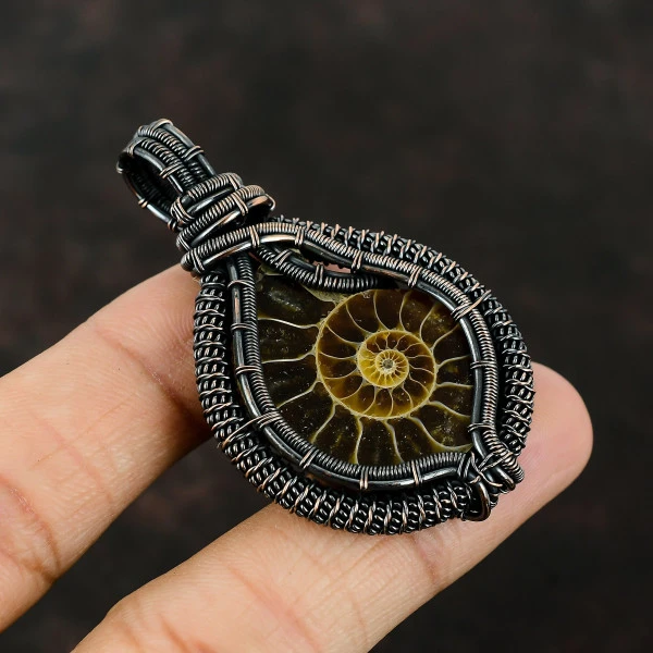 Ammonite Fossil Pear Brown Handmade Copper Wire Wrapped Pendant