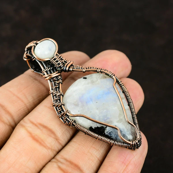 Rainbow Moonstone Oval White Handmade Copper Wire Wrapped Pendant