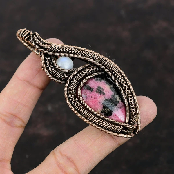 Rhodonite Pear Pink Handmade Copper Wire Wrapped Pendant