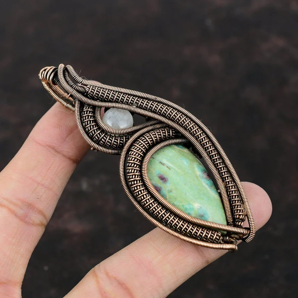 Ruby Fuchsite Pear Green Handmade Copper Wire Wrapped Pendant