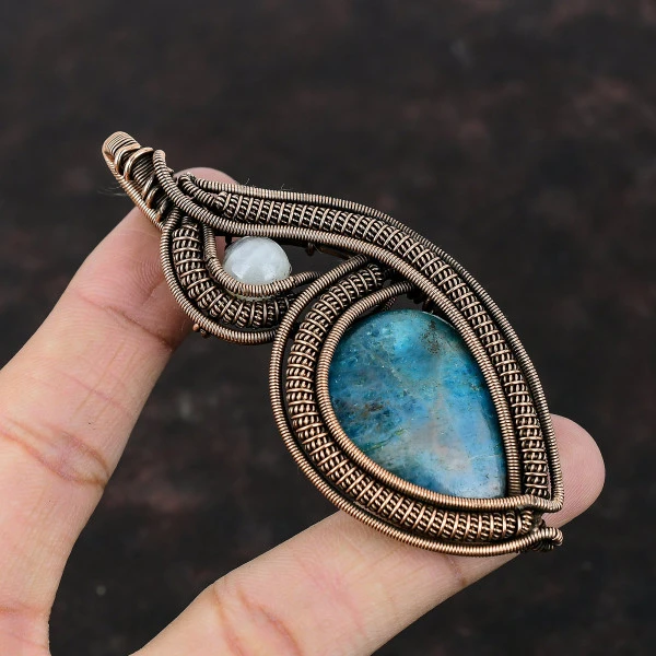 Neon Apatite Pear Blue Handmade Copper Wire Wrapped Pendant