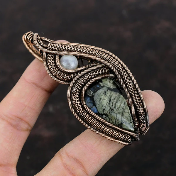 Que Sera Pear Gray Handmade Copper Wire Wrapped Pendant