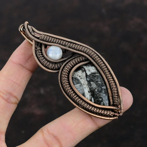 Ortho Fossil Pear Black Handmade Copper Wire Wrapped Pendant