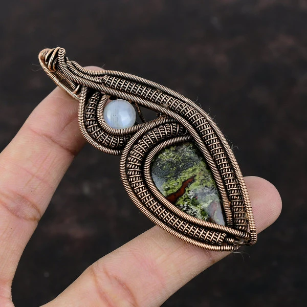Dragon Bloodstone Pear Green Handmade Copper Wire Wrapped Pendant