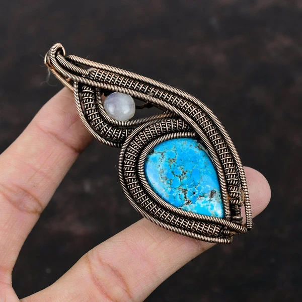 Tibetan Turquoise Pear Blue Handmade Copper Wire Wrapped Pendant
