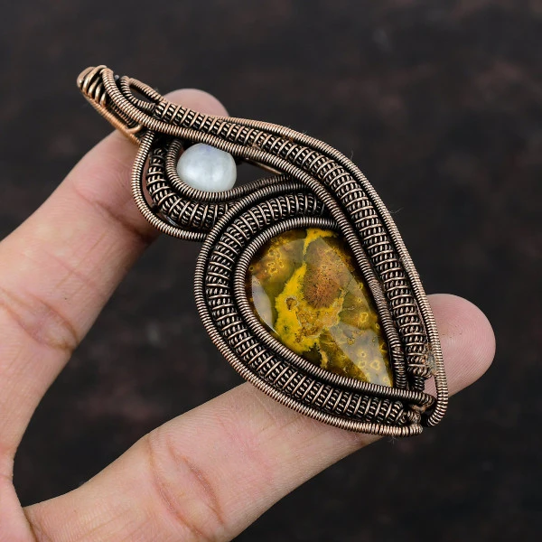 Ocean Jasper Pear Yellow Handmade Copper Wire Wrapped Pendant