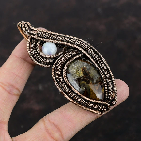 Rock Calci Pear Brown Handmade Copper Wire Wrapped Pendant