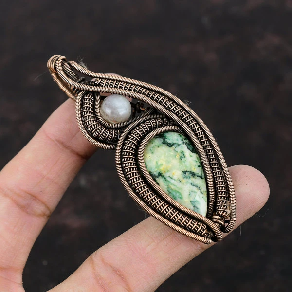 Mariposite Pear Green Handmade Copper Wire Wrapped Pendant