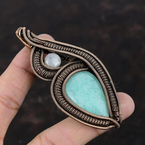 Amazonite Pear Green Handmade Copper Wire Wrapped Pendant