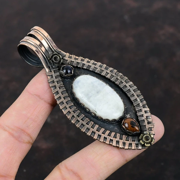 Rainbow Moonstone Oval White Handmade Copper Wire Wrapped Pendant
