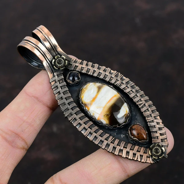 Peanut Wood Jasper Oval Brown Handmade Copper Wire Wrapped Pendant