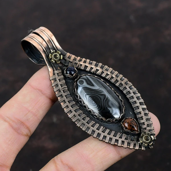 Psilomelane Oval Black Handmade Copper Wire Wrapped Pendant