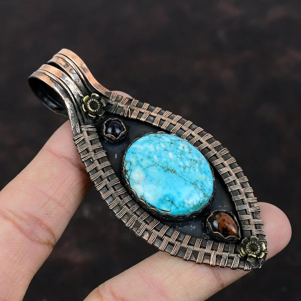 Arizona Turquoise Oval Blue Handmade Copper Wire Wrapped Pendant