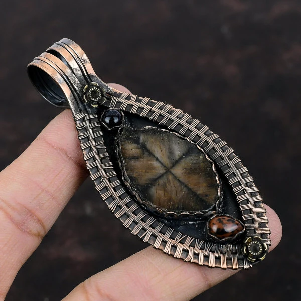 Chiastolite Marquise Brown Handmade Copper Wire Wrapped Pendant